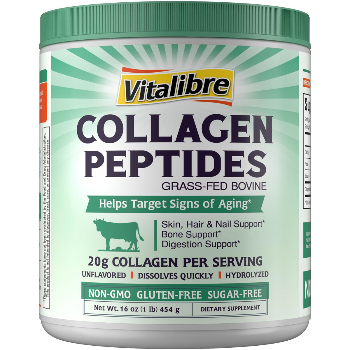 Vitalibre Bovine Collagen Peptides bottle label with grass-fed sourcing