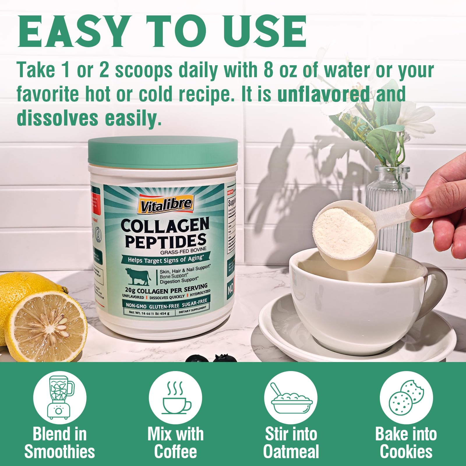 Collagen powder stirred into a glass of water