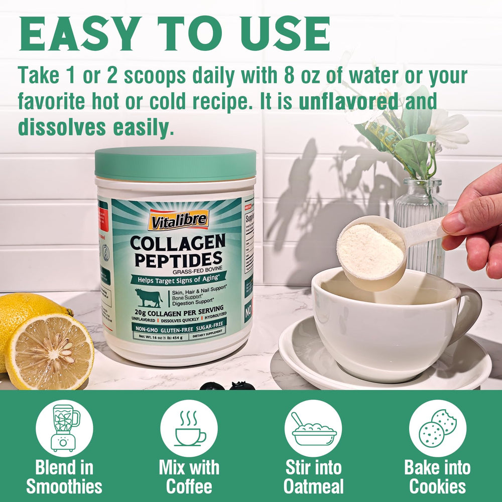 Collagen powder stirred into a glass of water