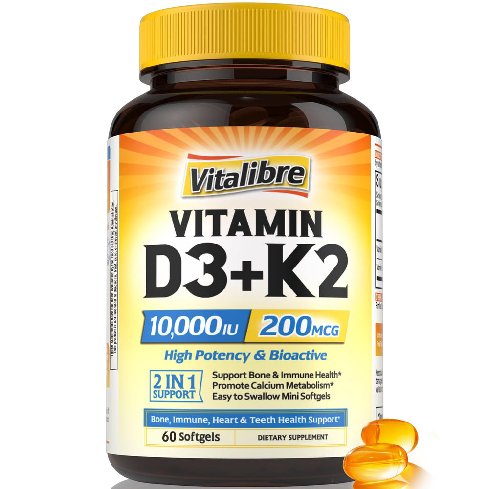 Bottle of Vitalibre Vitamin D3 K2 softgels, 60-count