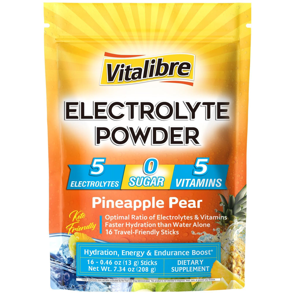 Vitalibre electrolytes stick pack pineapple-pear, ideal for on-the-go hydration during workouts.