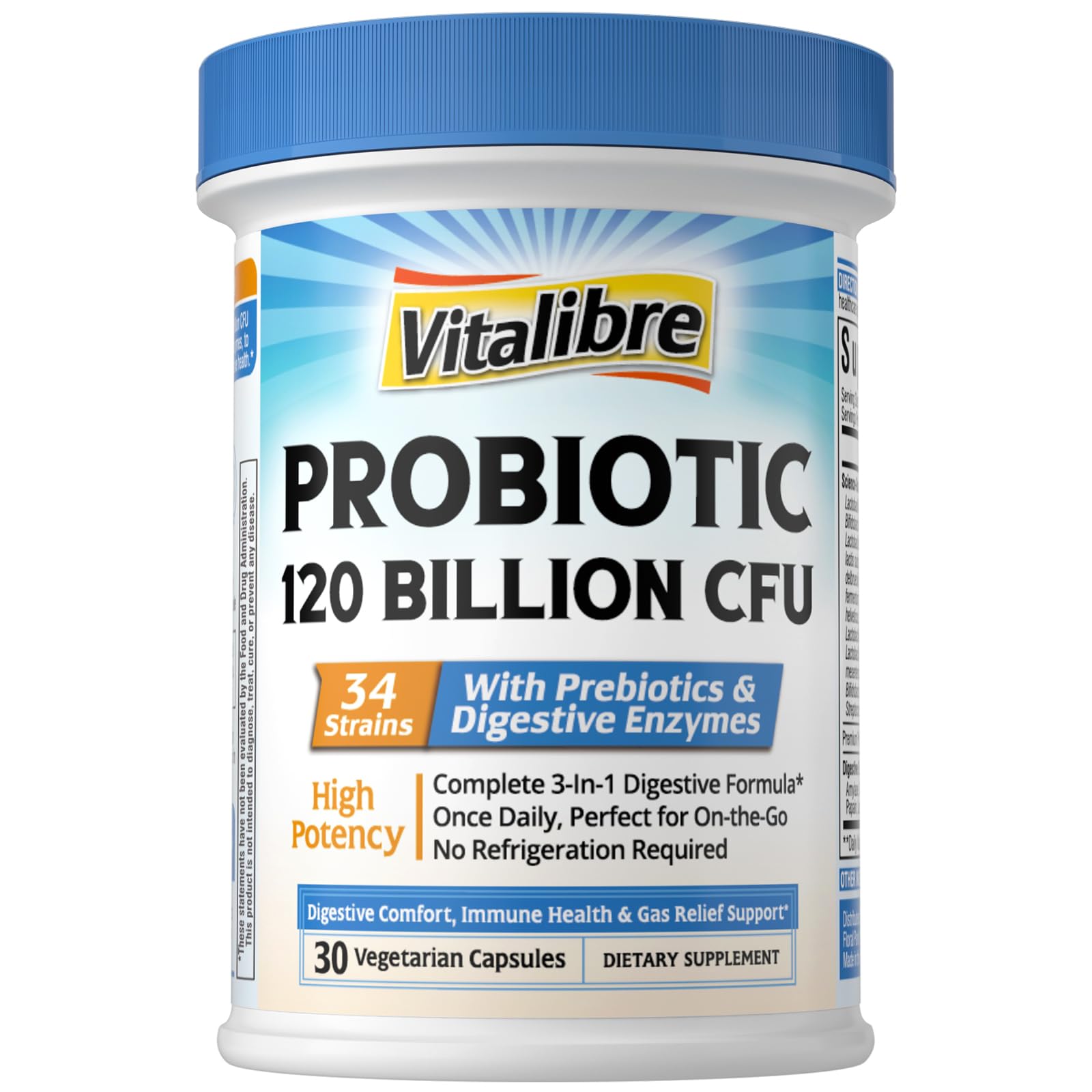 Vitalibre Probiotics bottle label highlighting 120B CFU and 34 strains