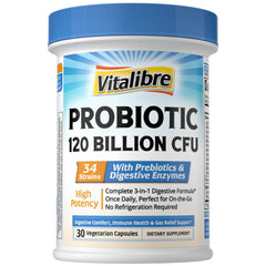 Vitalibre Probiotics bottle label highlighting 120B CFU and 34 strains