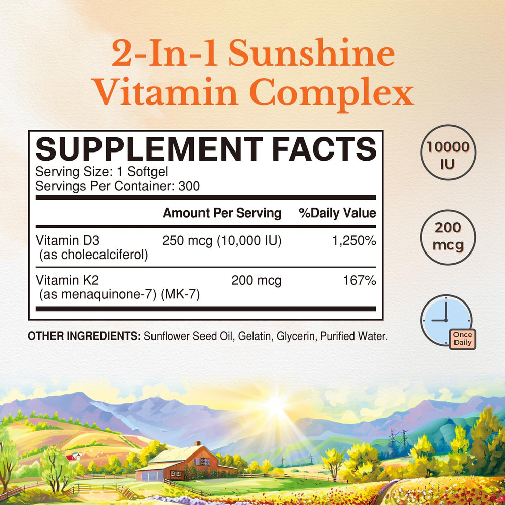 Vitamin D3 and K2 softgels on bottle