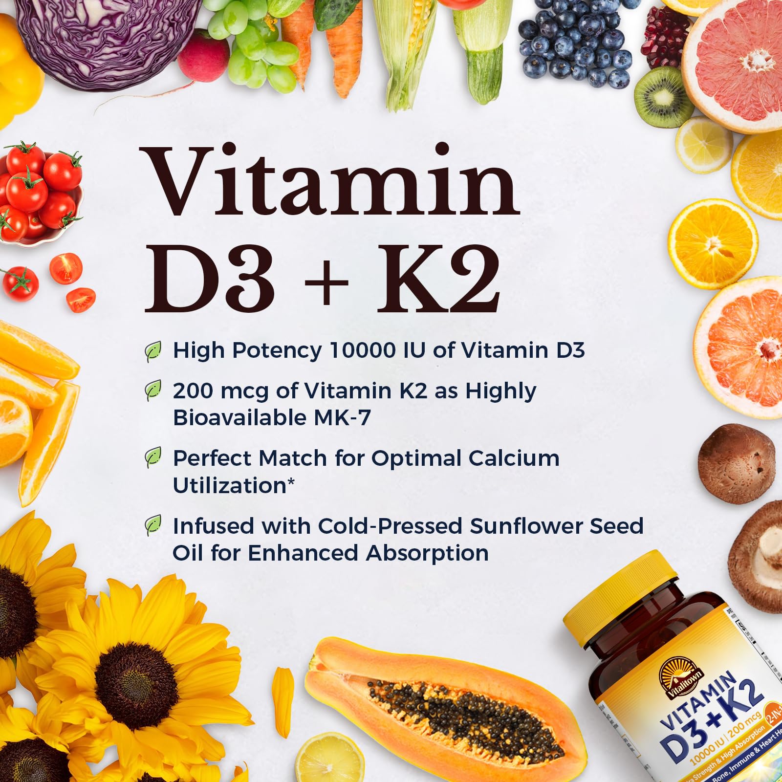 Nutritional information panel of Vitalitown D3 K2 bottle