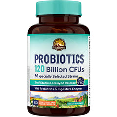 Vitalitown Probiotics bottle label displaying 120 Billion CFUs and 36 strains