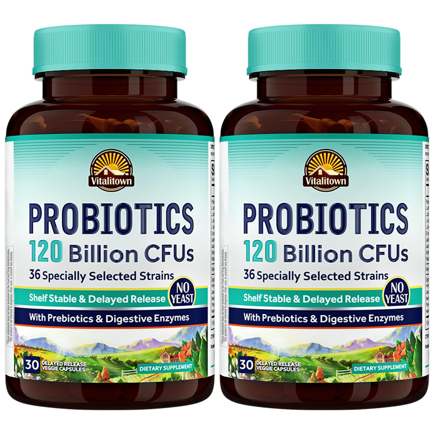 Vitalitown Probiotics bottle showing 120 Billion CFUs and 36 strains