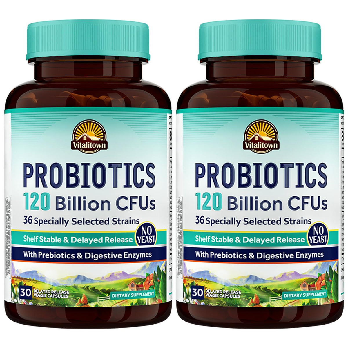 Vitalitown Probiotics bottle showing 120 Billion CFUs and 36 strains