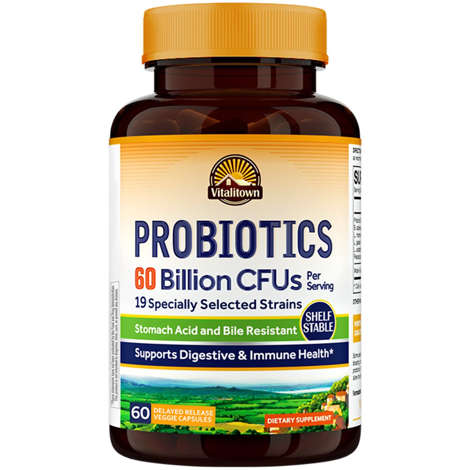 Vitalitown Probiotics + Prebiotics bottle showing 60B CFUs and 19 strains