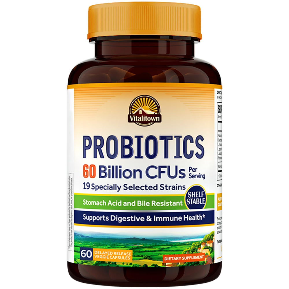 Vitalitown Probiotics + Prebiotics bottle showing 60B CFUs and 19 strains