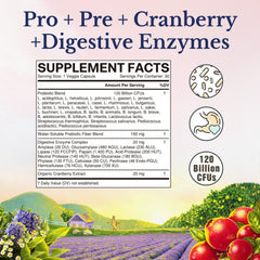 Probiotics with prebiotics, digestive enzymes, and organic cranberry.