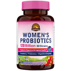 Vitalitown Women Probiotics bottle showing 120B CFUs and 30 strains per capsule