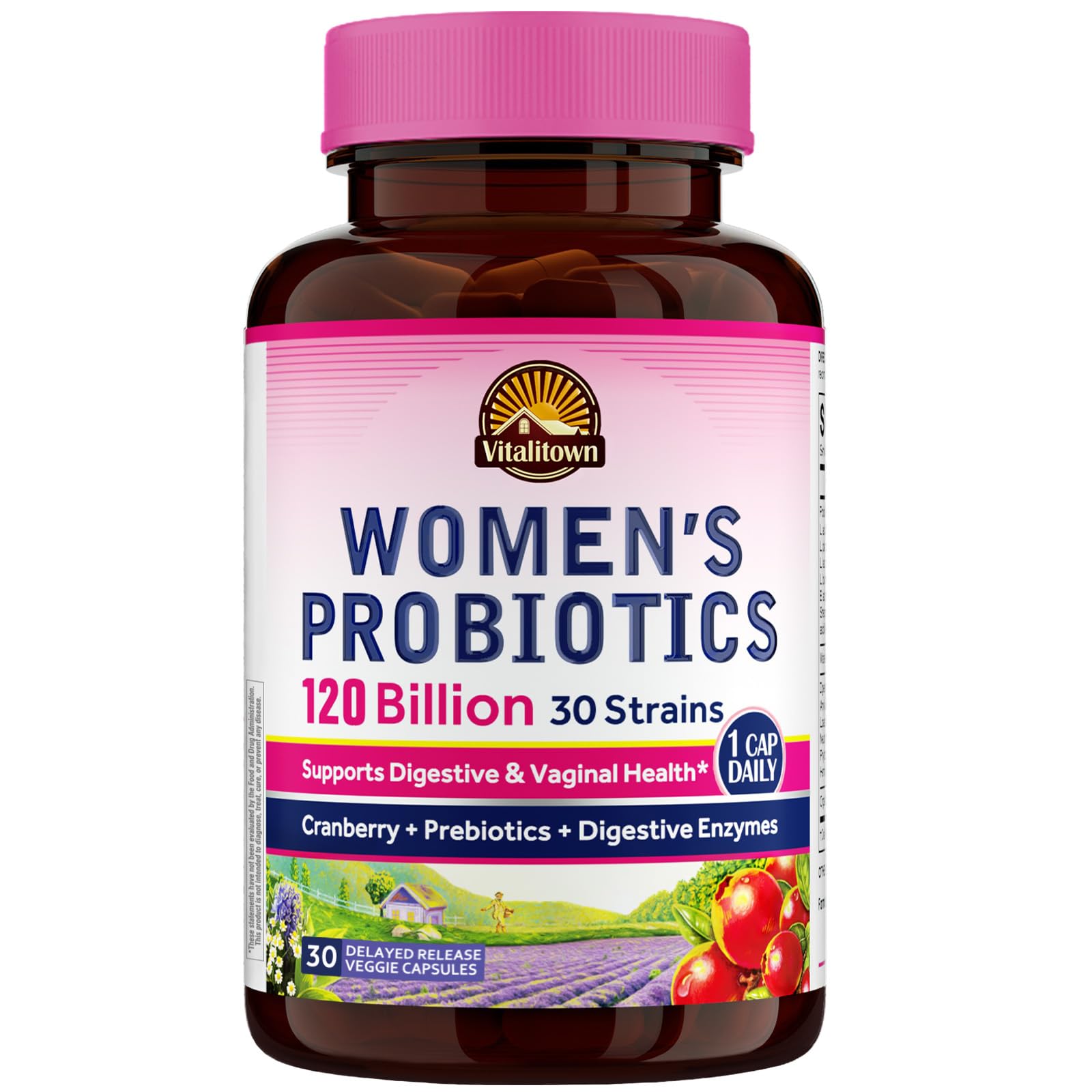 Vitalitown Women's Probiotics with 120 Billion CFUs and 30 strains per capsule.