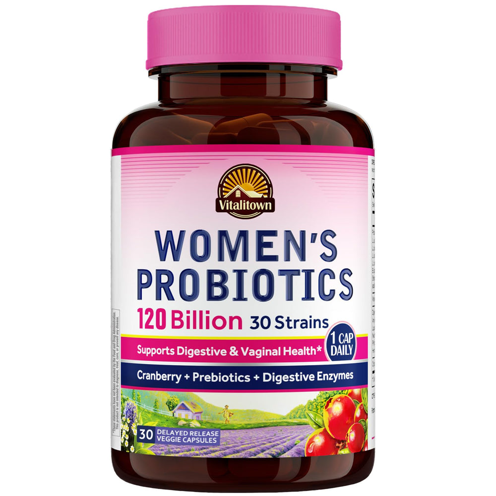 Vitalitown Women's Probiotics with 120 Billion CFUs and 30 strains per capsule.