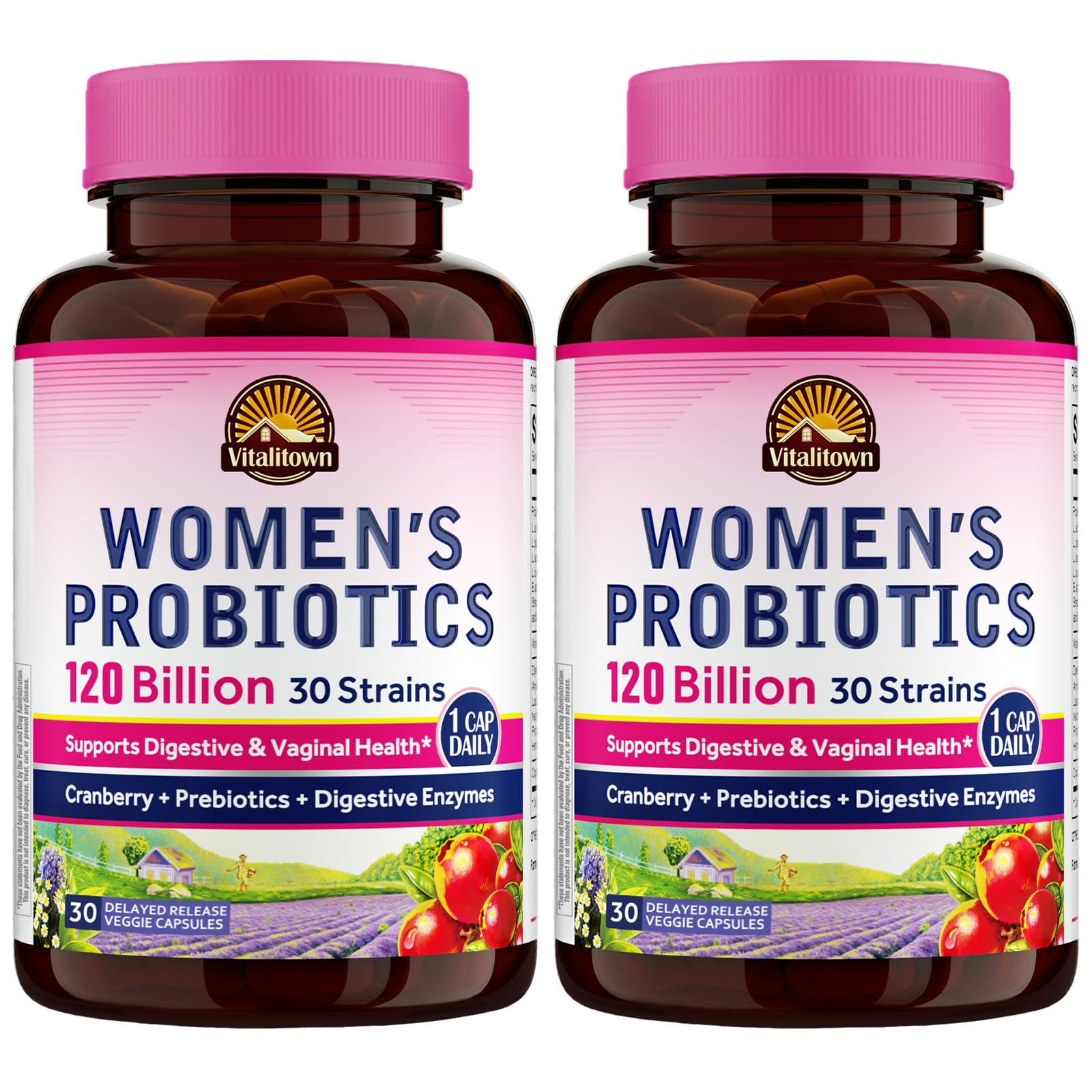 Vitalitown Women's Probiotics bottle and packaging showing 120B CFU and 30 strains