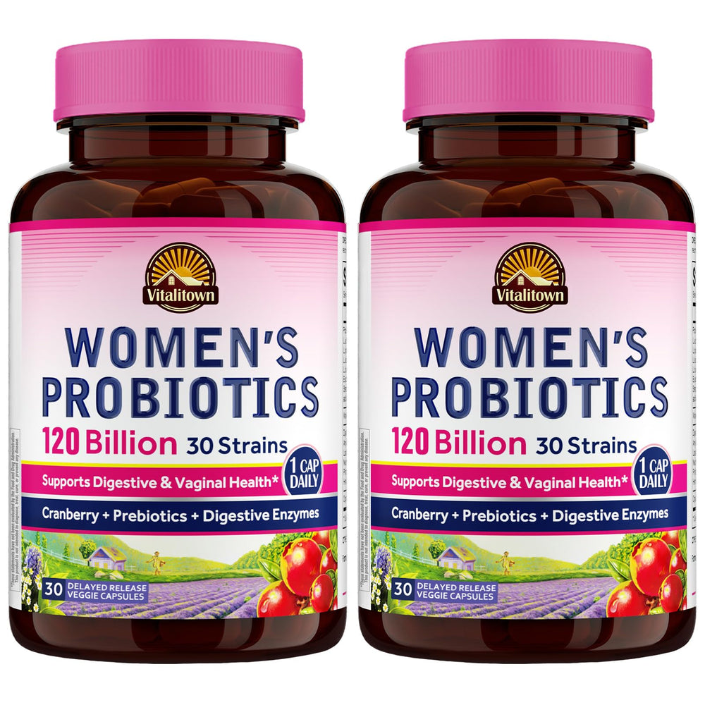 Vitalitown Women's Probiotics bottle and packaging showing 120B CFU and 30 strains