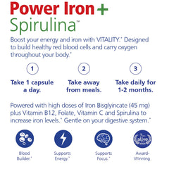 Spirulina powder and iron capsules beside bottle
