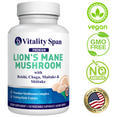 Quality control and GMP tested ingredients label for Vitality Span Lions Mane
