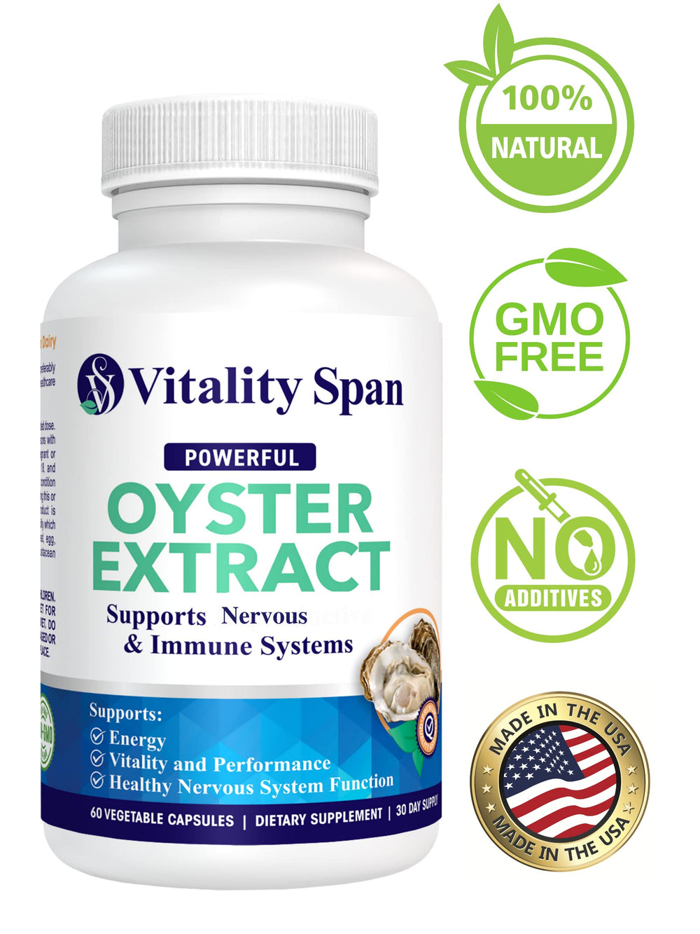 Close-up of Vitality Span Oyster Extract capsules