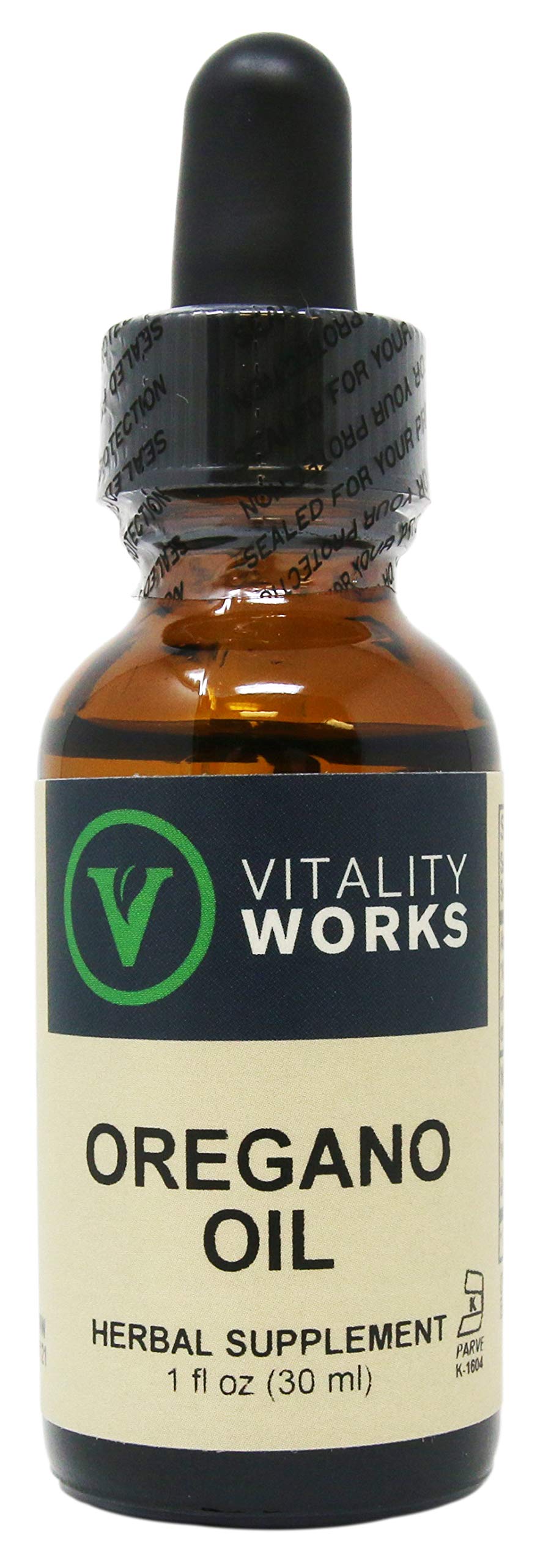 Vitality Works oregano oil bottle 1 oz with amber glass