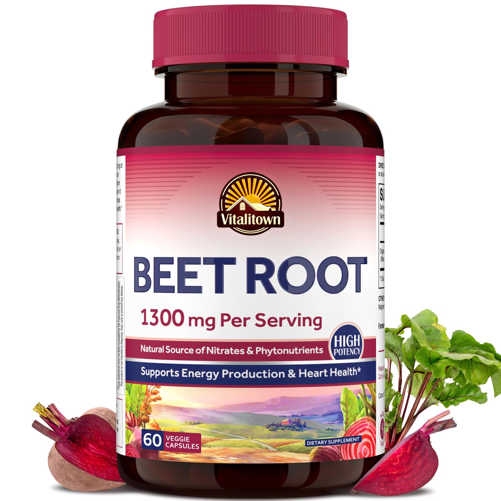 Vitalitown beet root capsules bottle with 60 vegan capsules for daily energy support.