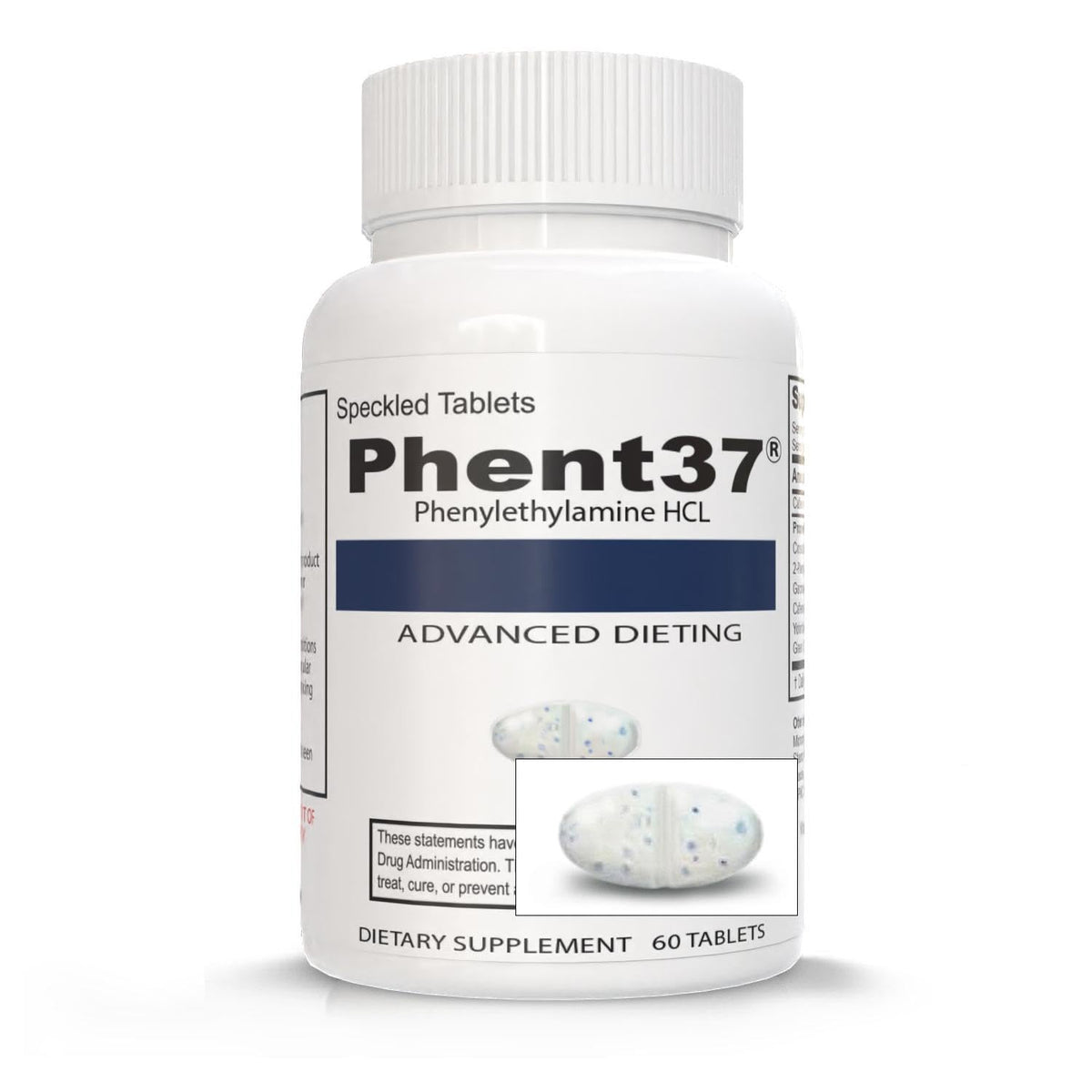 Vitamart Phent37 bottle front view with speckled tablets for appetite support.