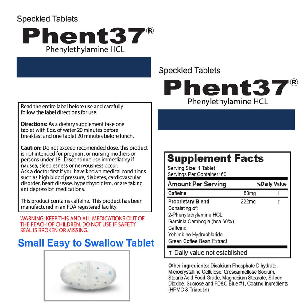 Phent37 tablets close-up showing blue-white speckles and premium formulation.