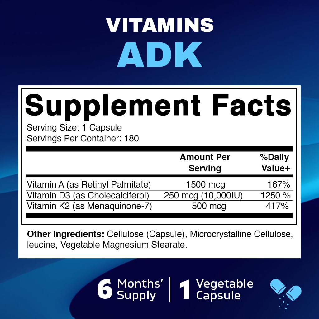 Vitamatic ADK supplement bottle label detailing ingredients