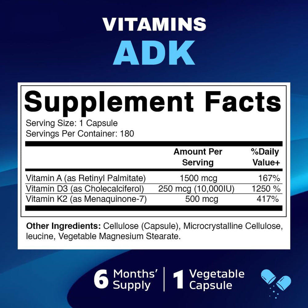 Vitamatic ADK supplement bottle label detailing ingredients