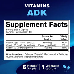 Vitamatic ADK supplement bottle label detailing ingredients