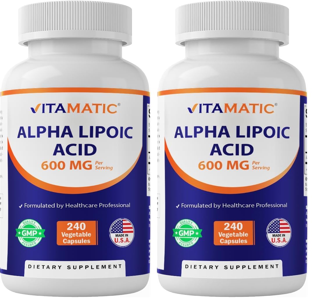 Vitamatic Alpha Lipoic Acid 600mg bottle label with capsules
