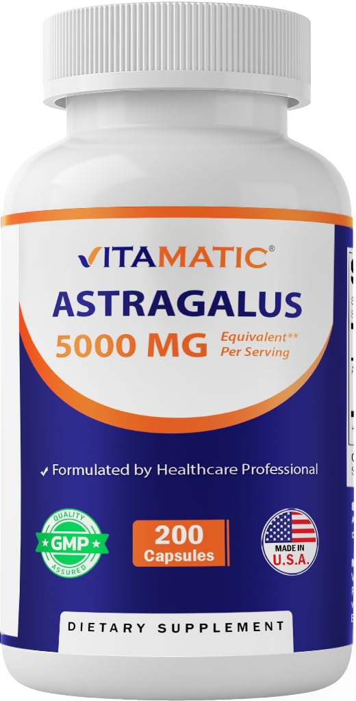 Product shot: Vitamatic Astragalus Capsules bottle with 200 vegan capsules and 500mg 10:1 extract