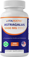 Product shot: Vitamatic Astragalus Capsules bottle with 200 vegan capsules and 500mg 10:1 extract
