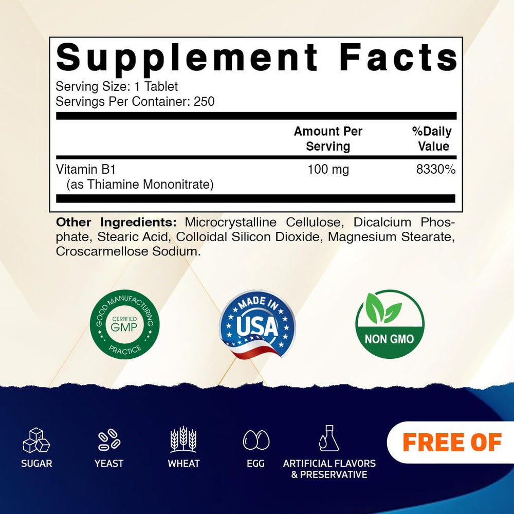 Front view of Vitamatic B1 100mg bottle