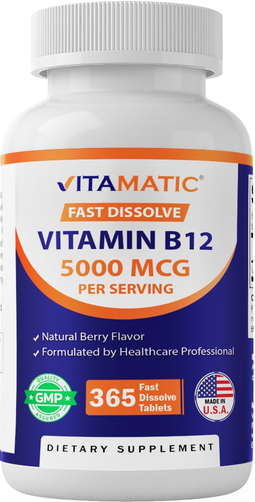 Vitamatic B12 5000 mcg berry-dissolve tablets in bottle showing fast-dissolve energy support