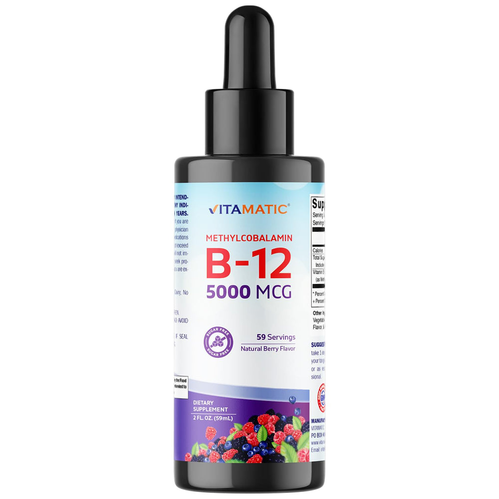 Vitamatic Berry flavored liquid B12 bottle label showing 5000 mcg methylcobalamin