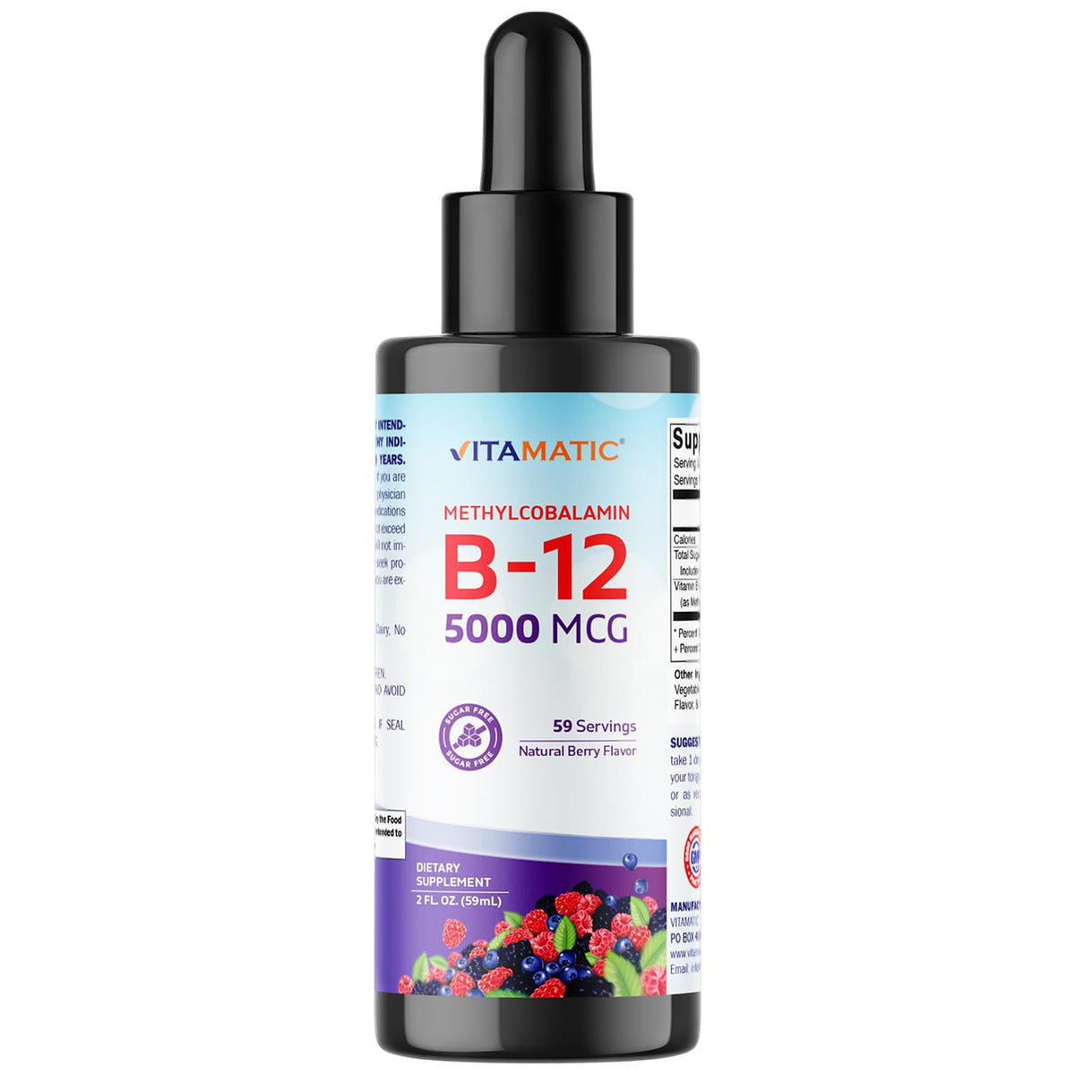 Vitamatic Berry flavored liquid B12 bottle label showing 5000 mcg methylcobalamin