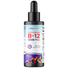 Vitamatic Berry flavored liquid B12 bottle label showing 5000 mcg methylcobalamin