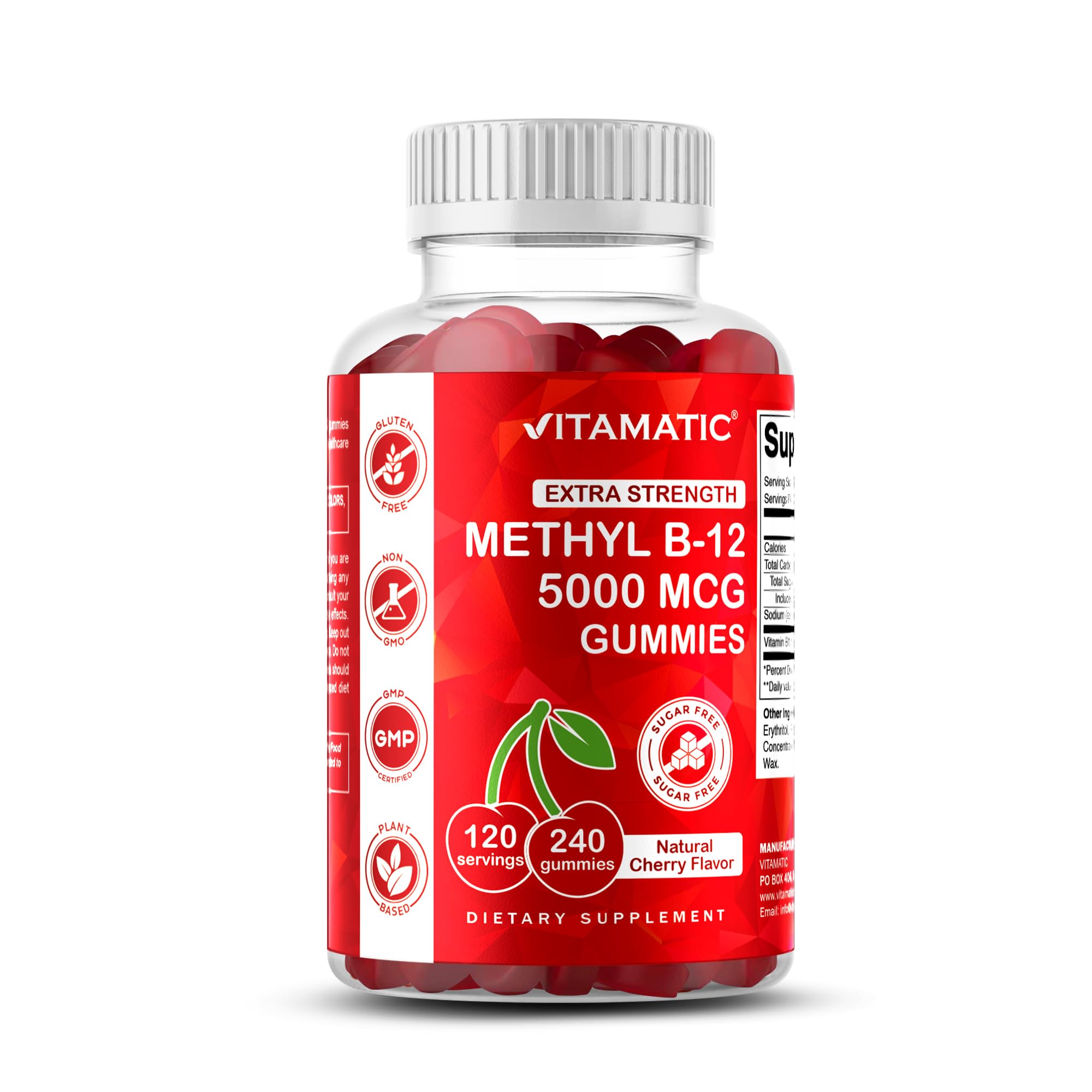 Vitamatic B12 Gummies bottle front with cherry flavor