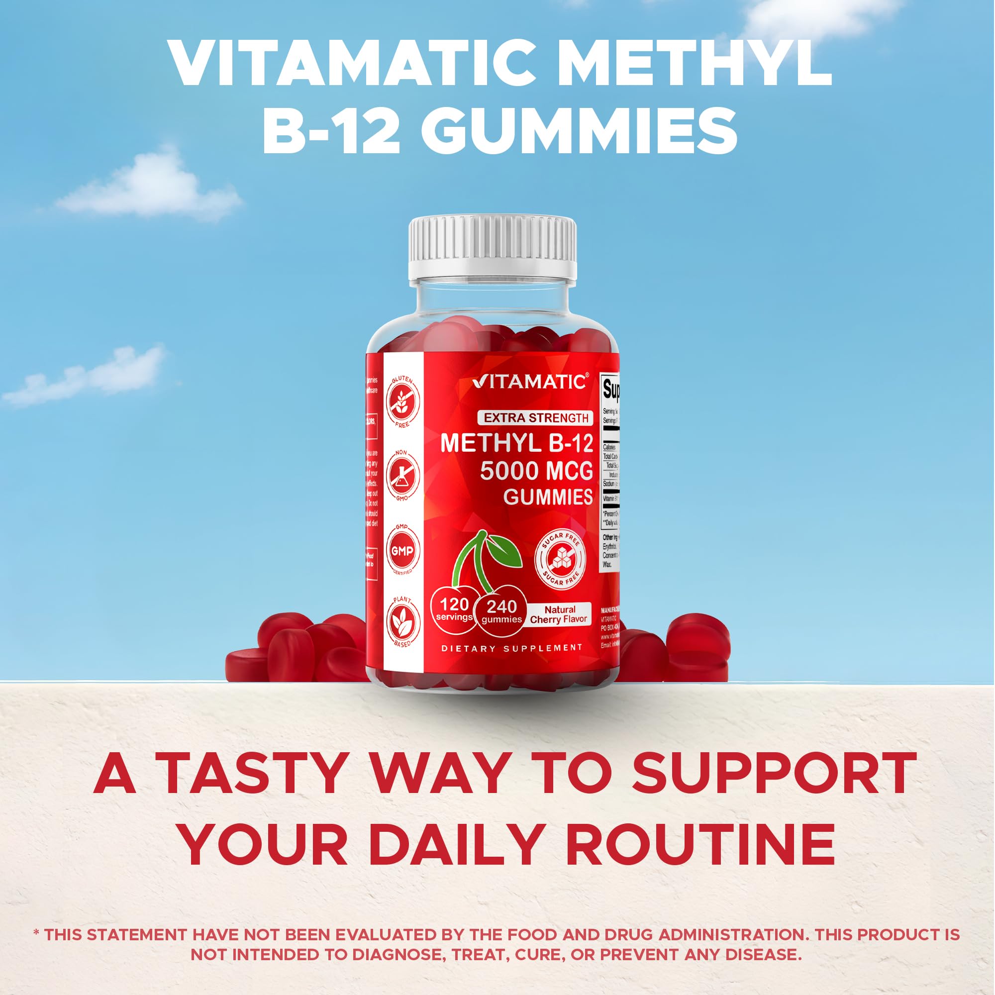 Non-GMO and gluten-free Vitamatic B12 Gummies label