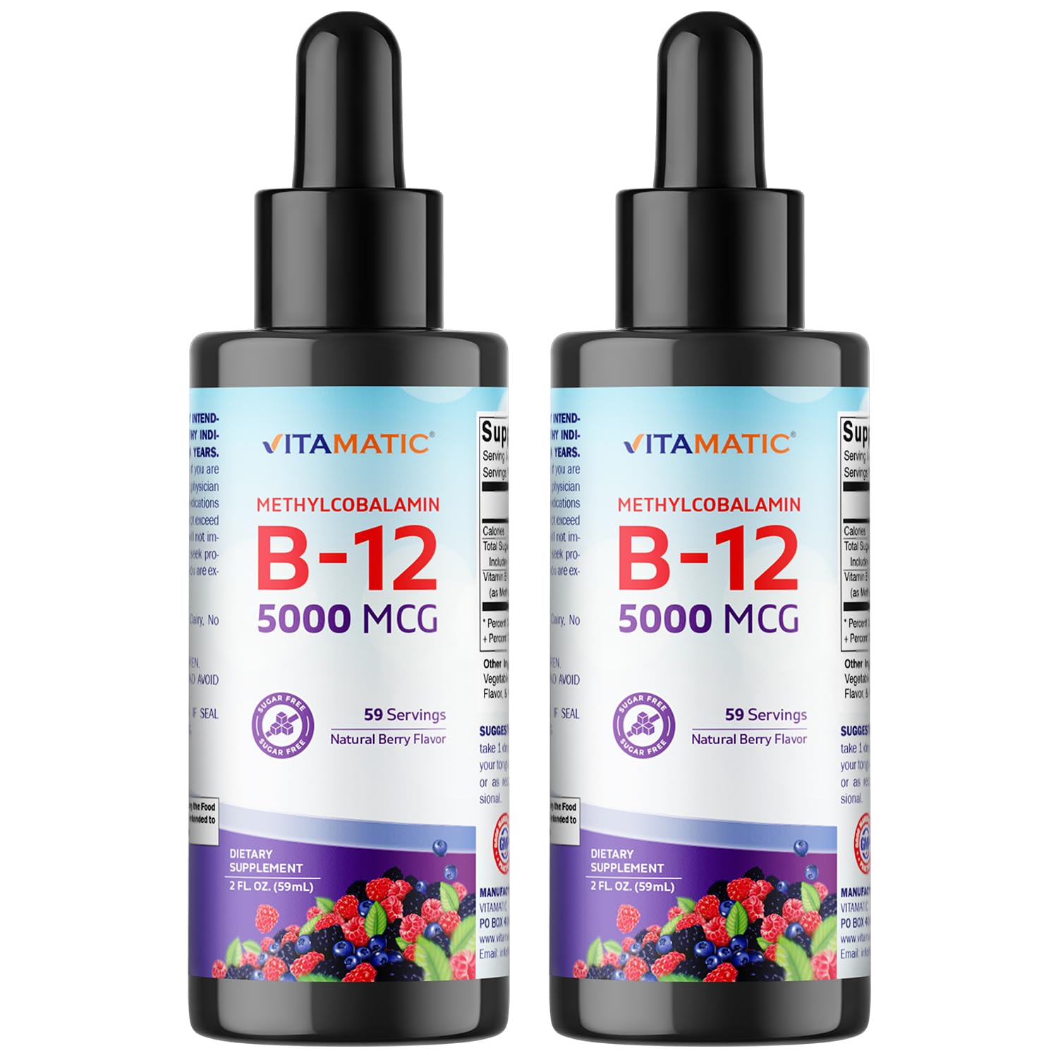 Vitamatic Vitamin B12 liquid bottle with berry flavor and dropper