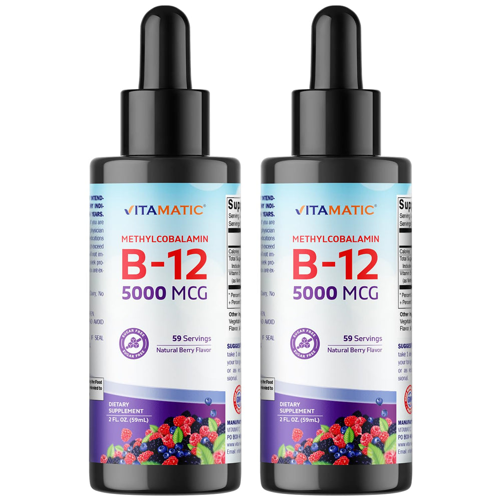 Vitamatic Vitamin B12 liquid bottle with berry flavor and dropper