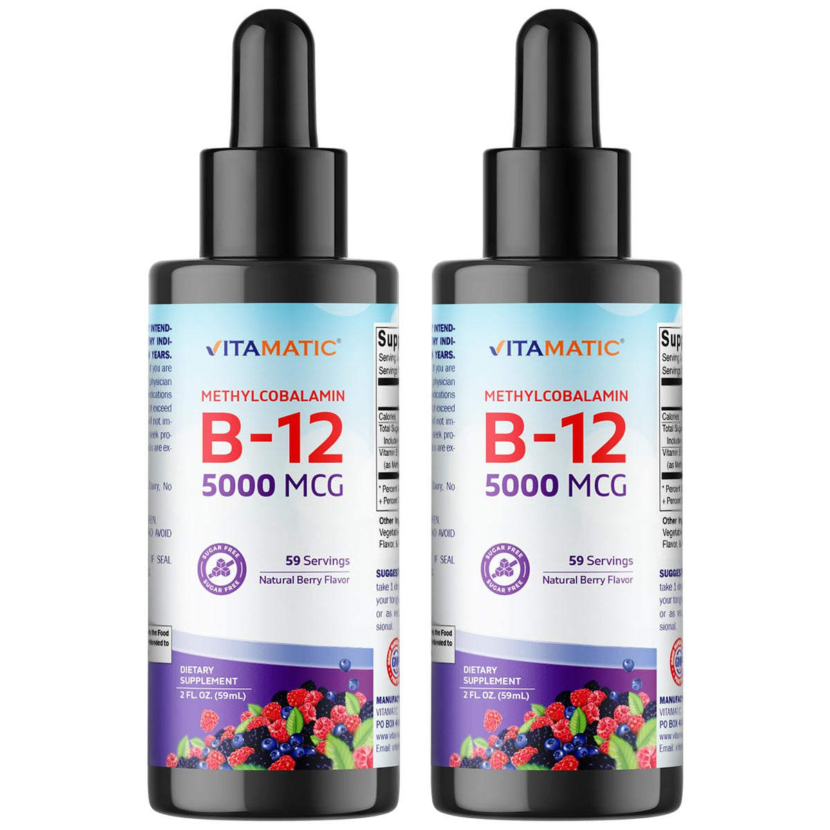 Vitamatic Vitamin B12 liquid bottle with berry flavor and dropper