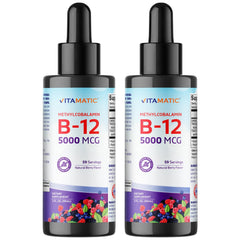 Vitamatic Vitamin B12 liquid bottle with berry flavor and dropper
