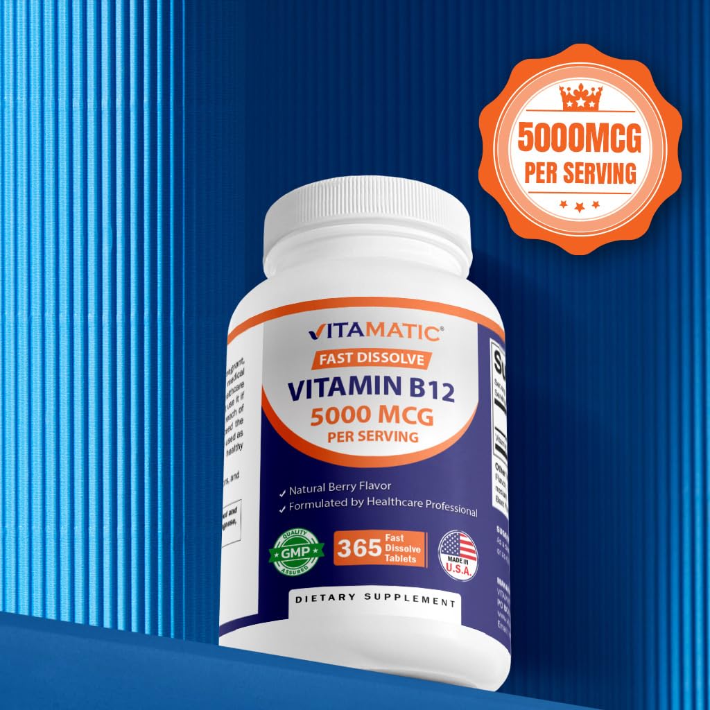 Close shot of USA-made facility badge beside Vitamatic B12 bottle