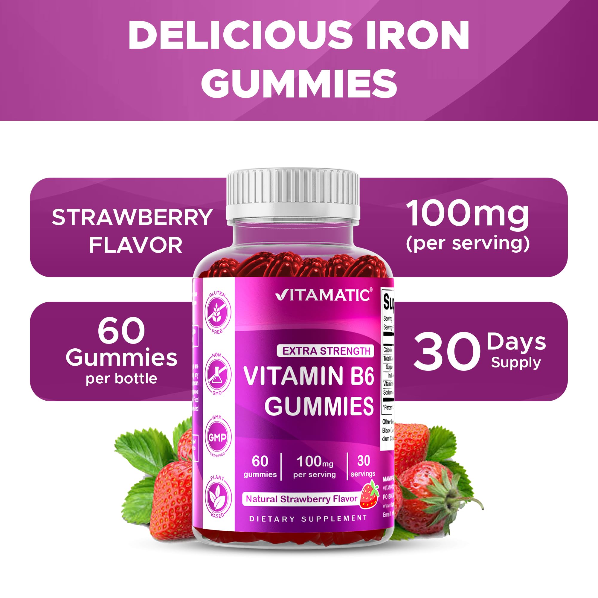 Close-up of Vitamatic B6 gummies in strawberry flavor