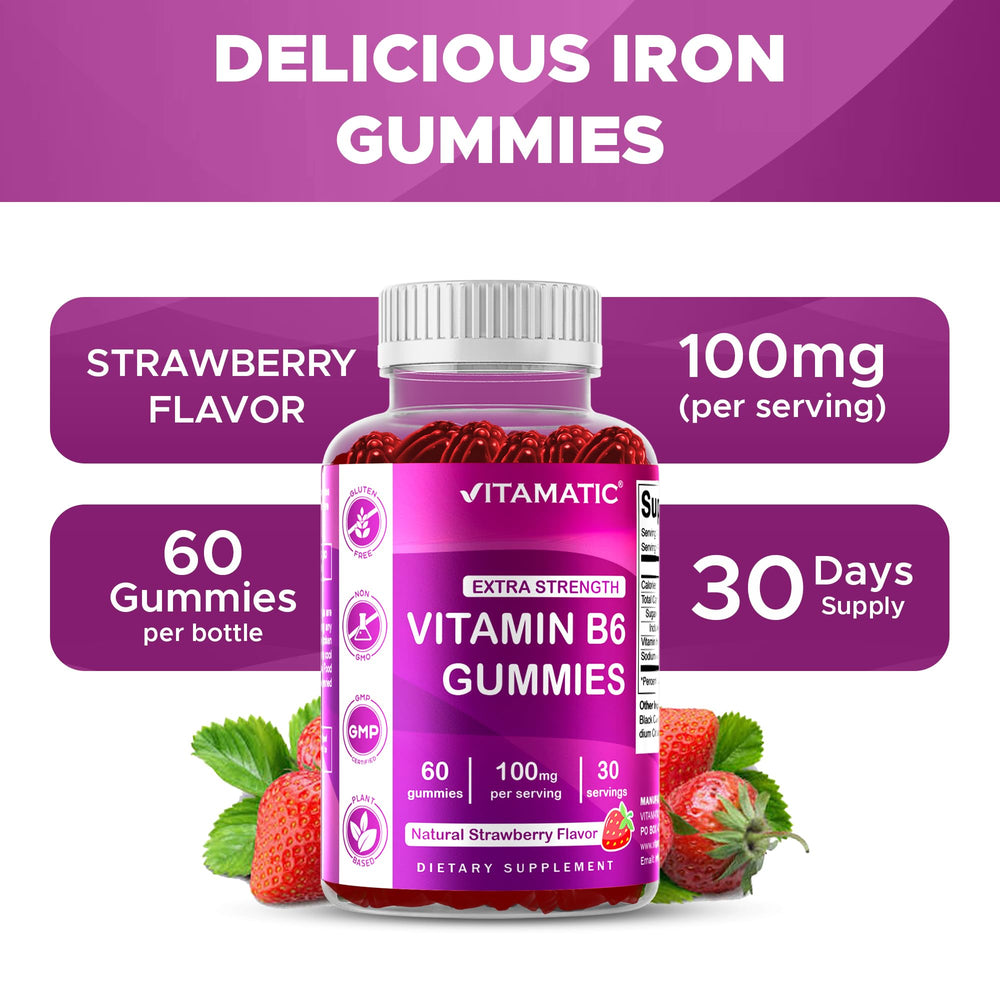 Close-up of Vitamatic B6 gummies in strawberry flavor