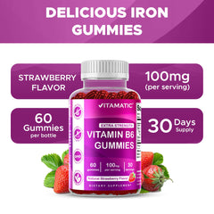 Close-up of Vitamatic B6 gummies in strawberry flavor