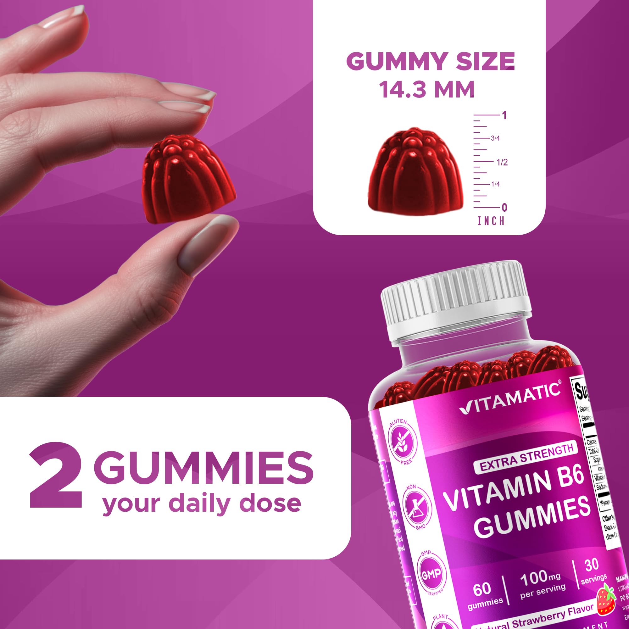 Two-pack packaging side view of Vitamatic B6 gummies