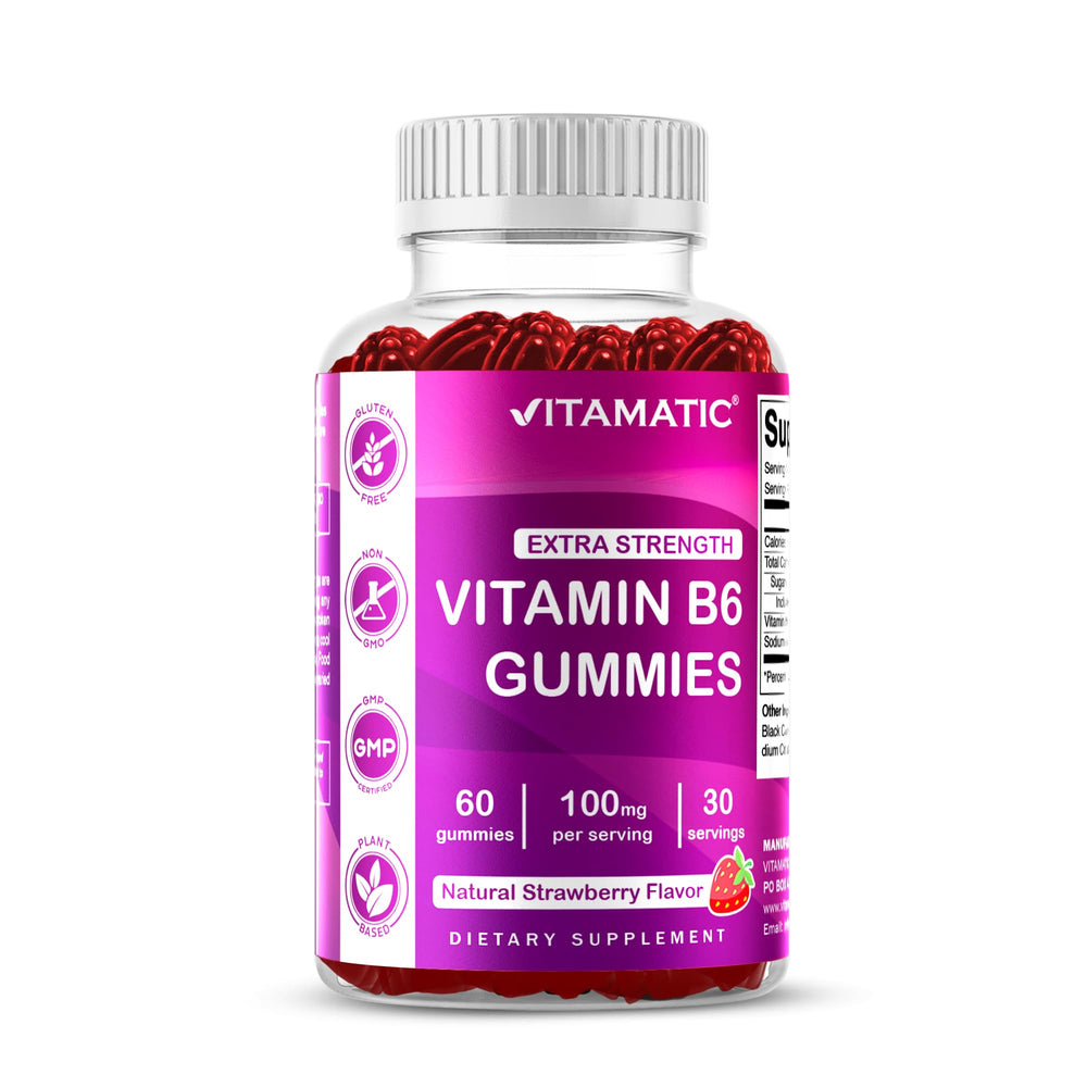 Vitamatic Vitamin B6 100mg Berry Gummies bottle and label
